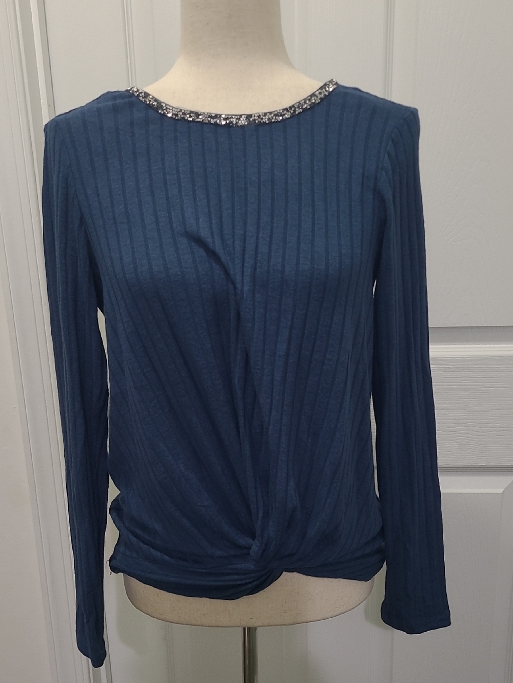 Women's Navy Long-Sleeve Knot Front Top with Embellished Neckline